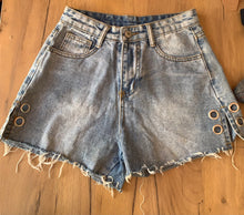 Load image into Gallery viewer, Vintage wash mom shorts with raw hem and eyelet detail ;;; Small
