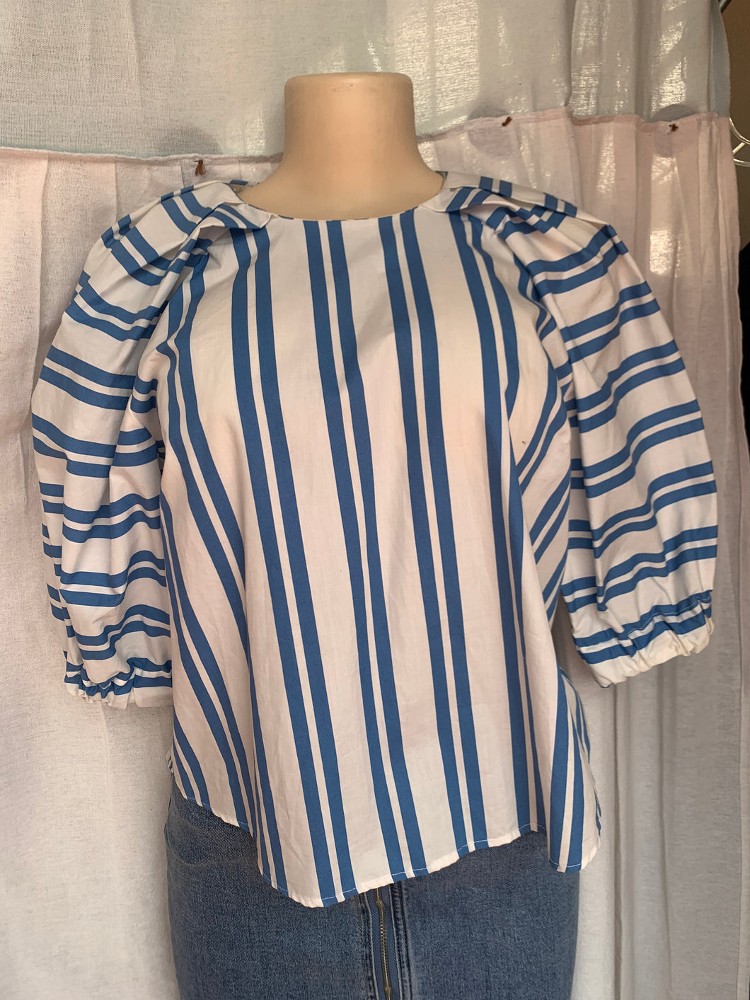 Blue striped puffed sleeve professional blouse… Mlll