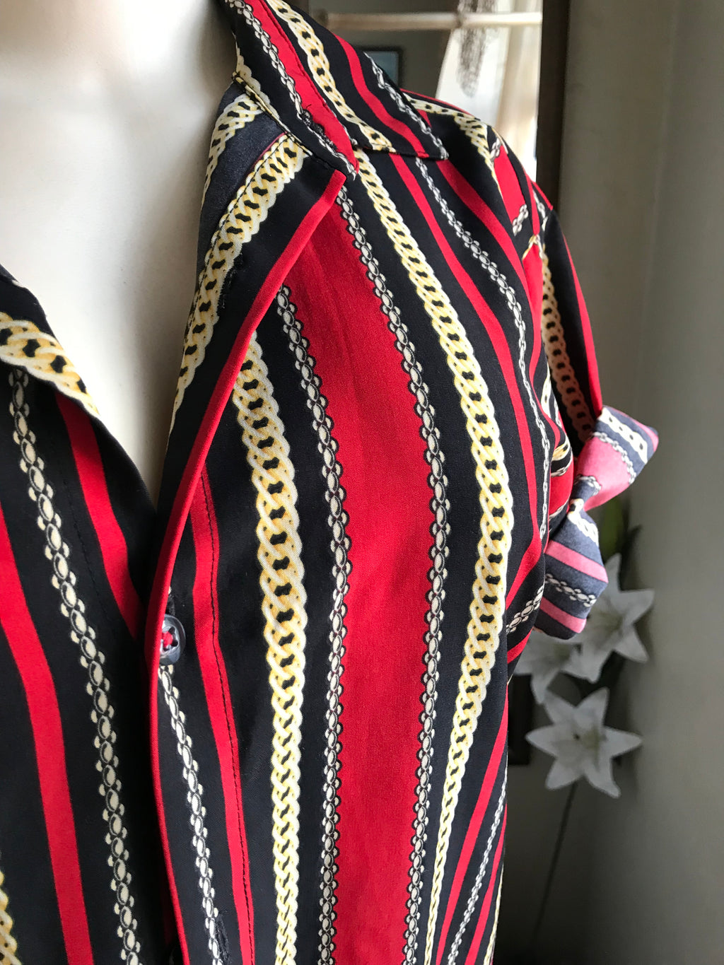 red and black stripe mens button shirt m