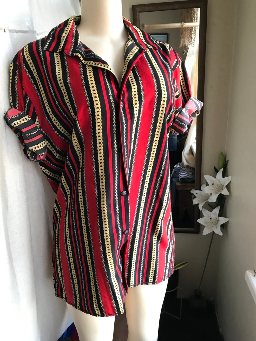 red and black stripe mens button shirt m