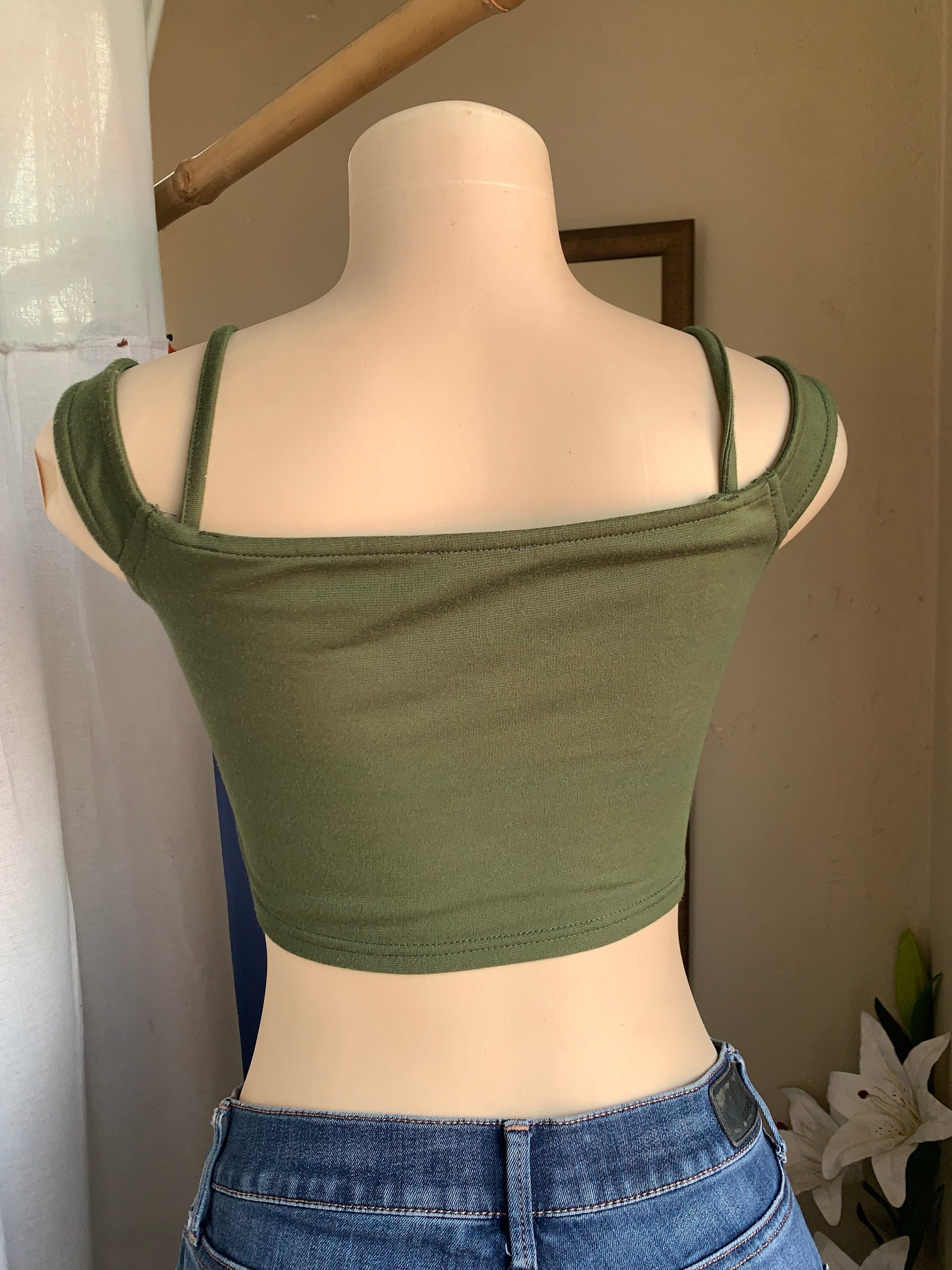 Olive green crop top with tassels detailing … s