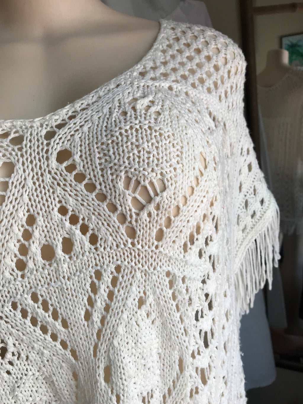 Cream crochet fringe coverup . one size
