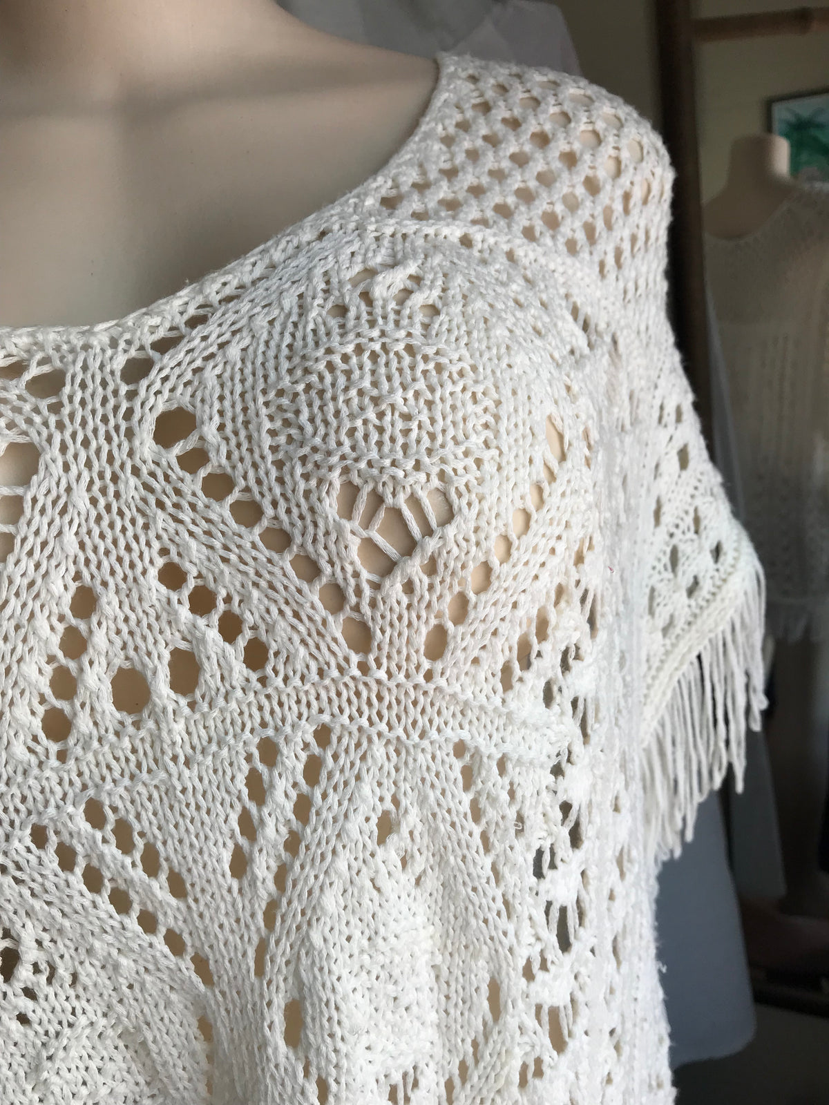 Cream crochet fringe coverup . one size