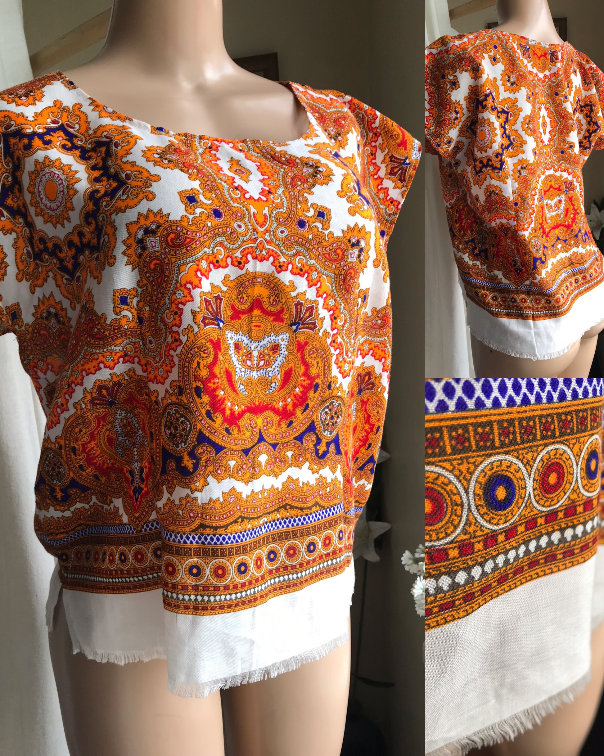 vintage orange mandala print organic wide cut fringe blouse ... m ,,,