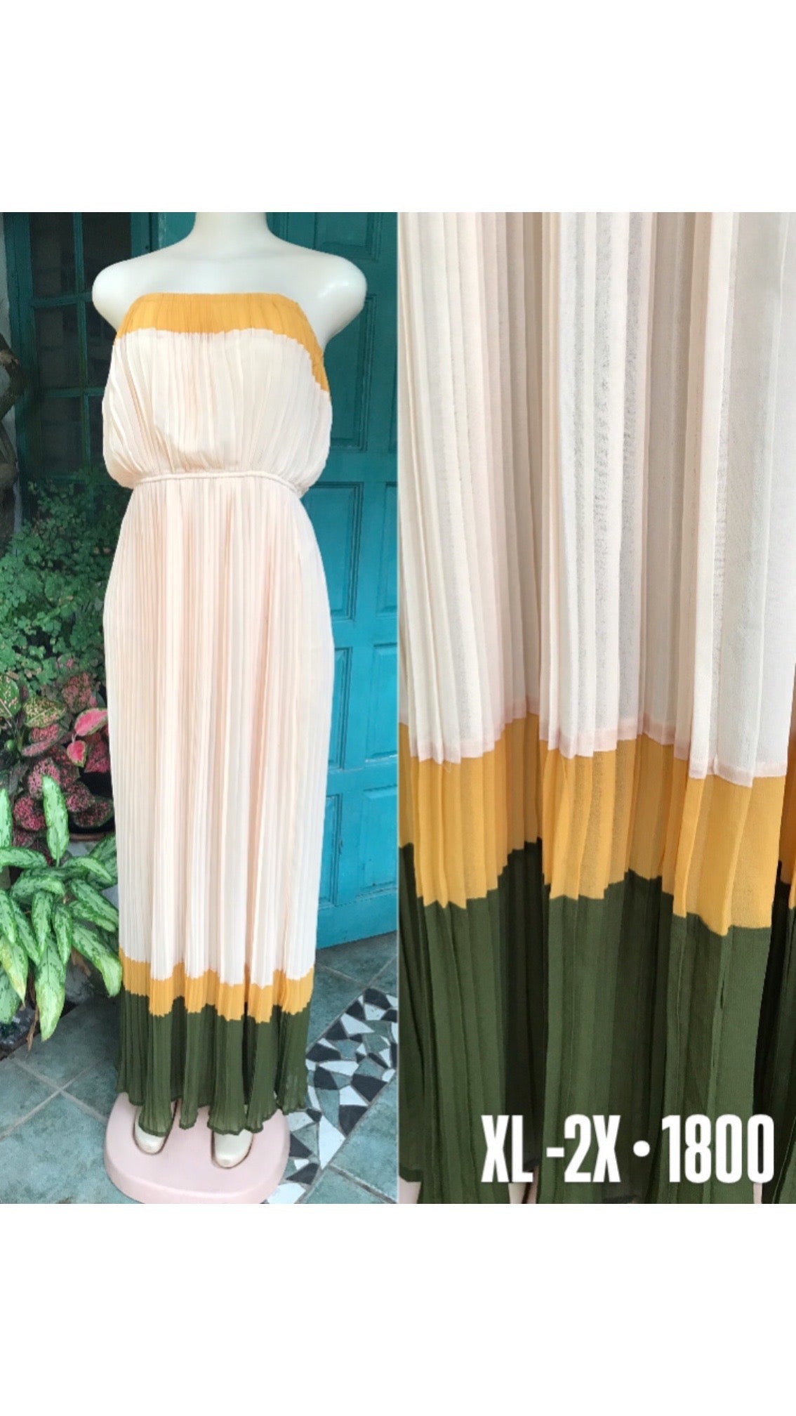 Cream and green strapless maxi dress /xl