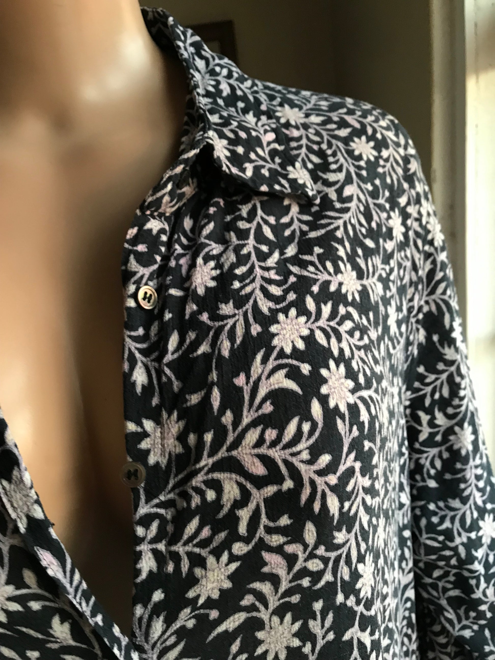 100% cotton navy print button down maxi shirt dress xl