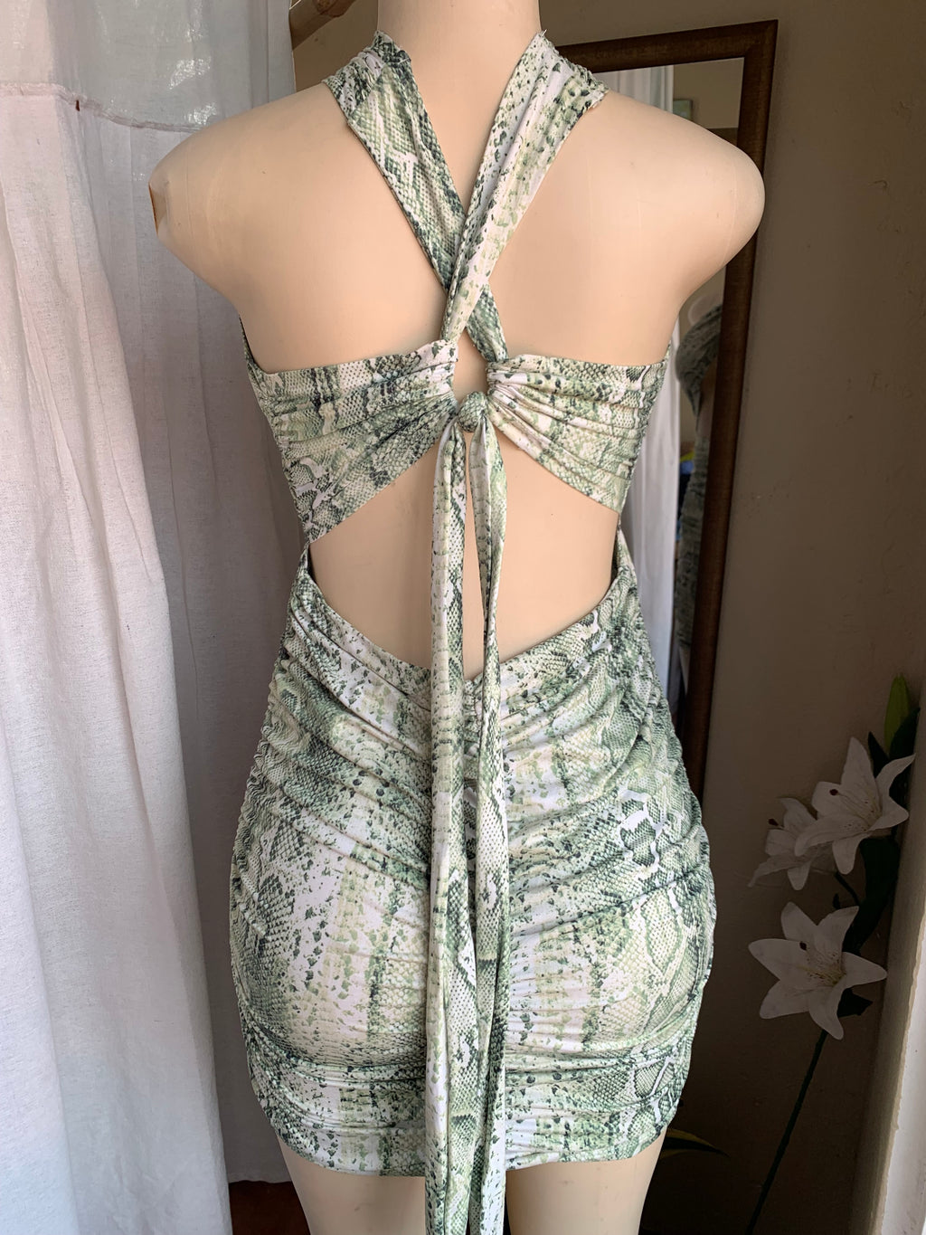 Green snake print tie mini dress says s