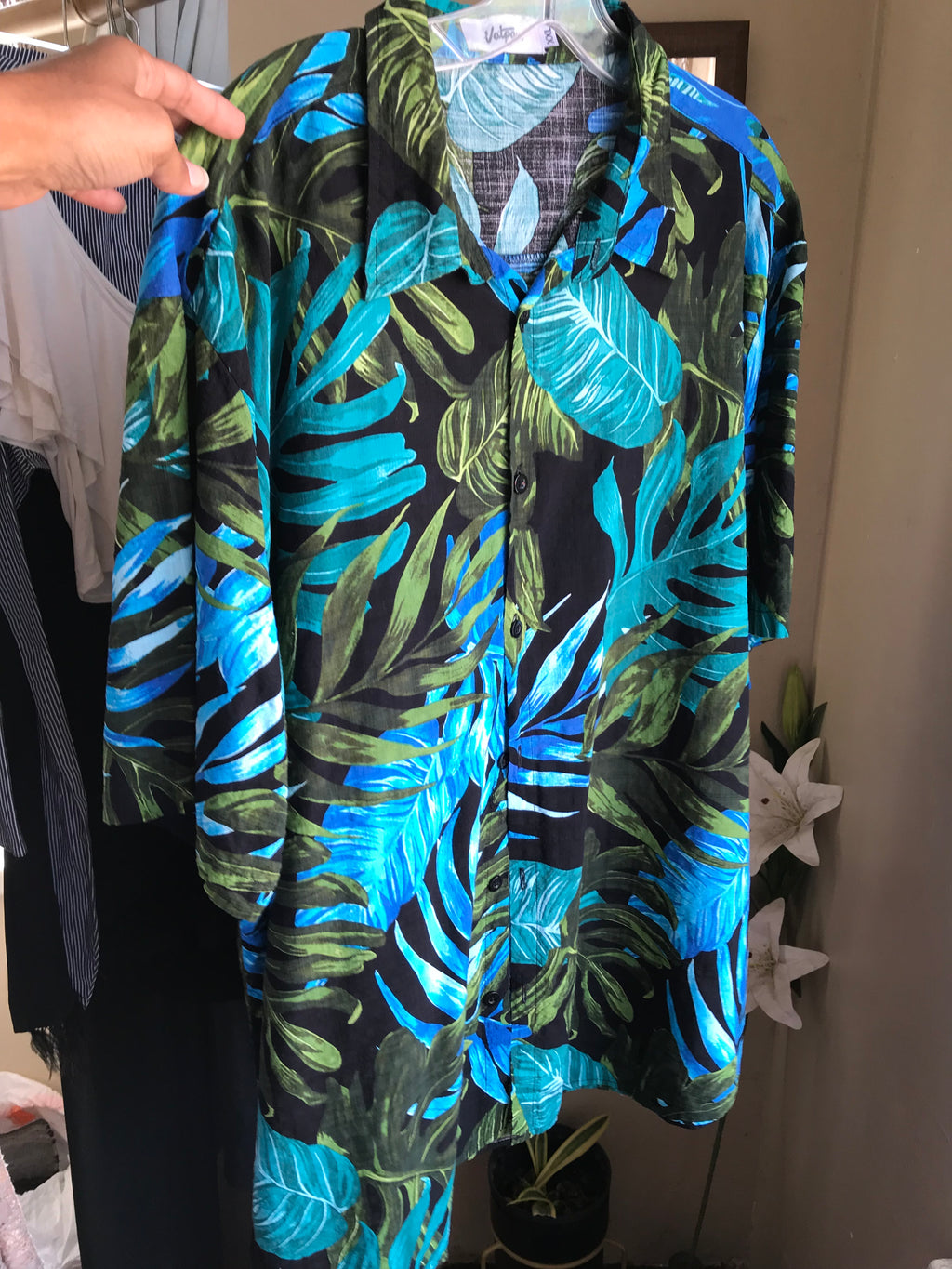 Men's cotton blend tropical leaf print shirt blue green,,, /XL ^^^