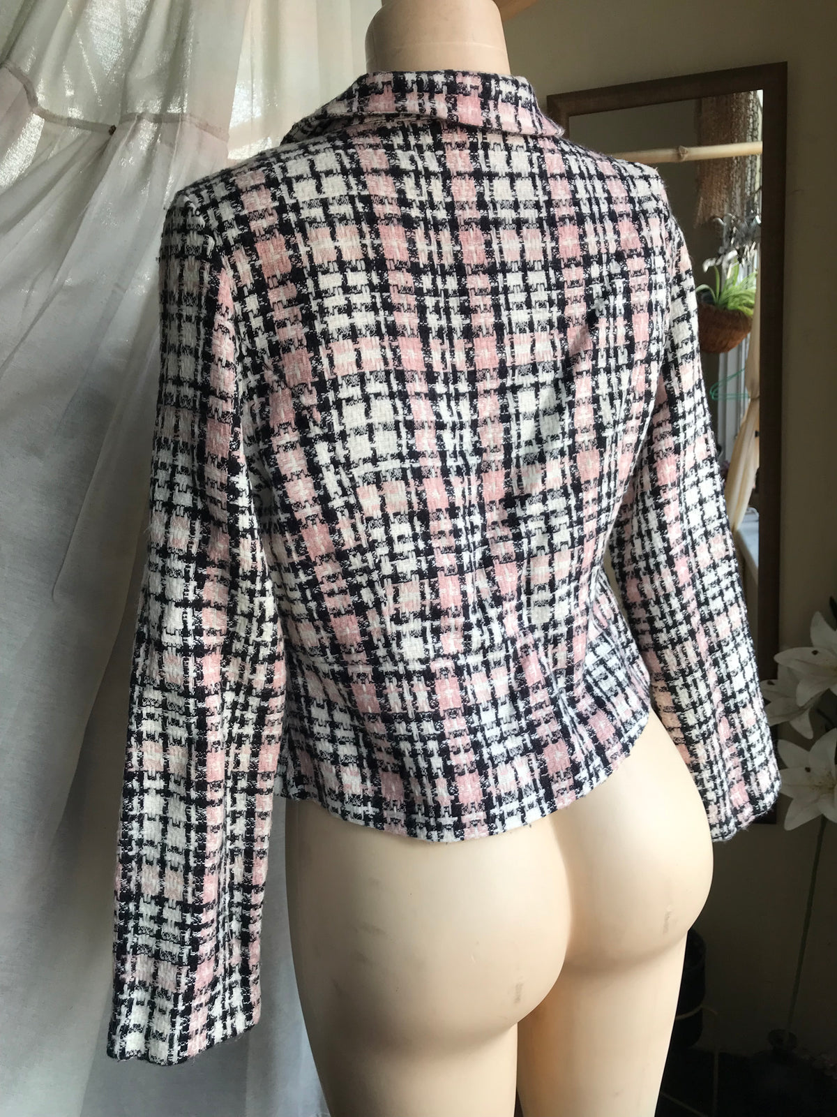 vintage tweed pink plaid blazer jacket ^^^ m/L