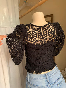 Crotchet two piece puff sleeve black top … M