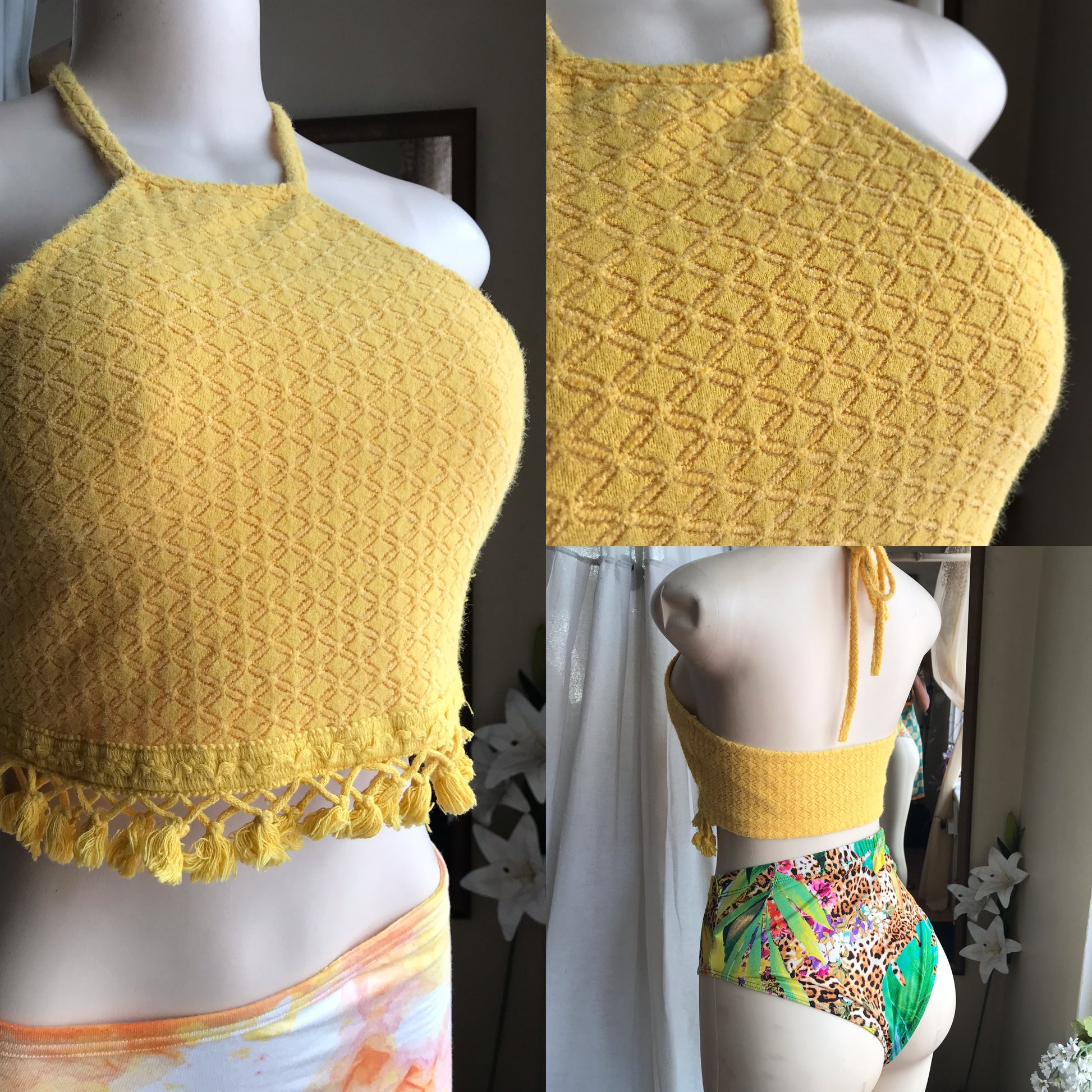 mustard knit tassel halter crop top ... S/M