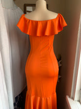 Load image into Gallery viewer, Orange off the shoulder gown (with imperfections that can be washed) M
