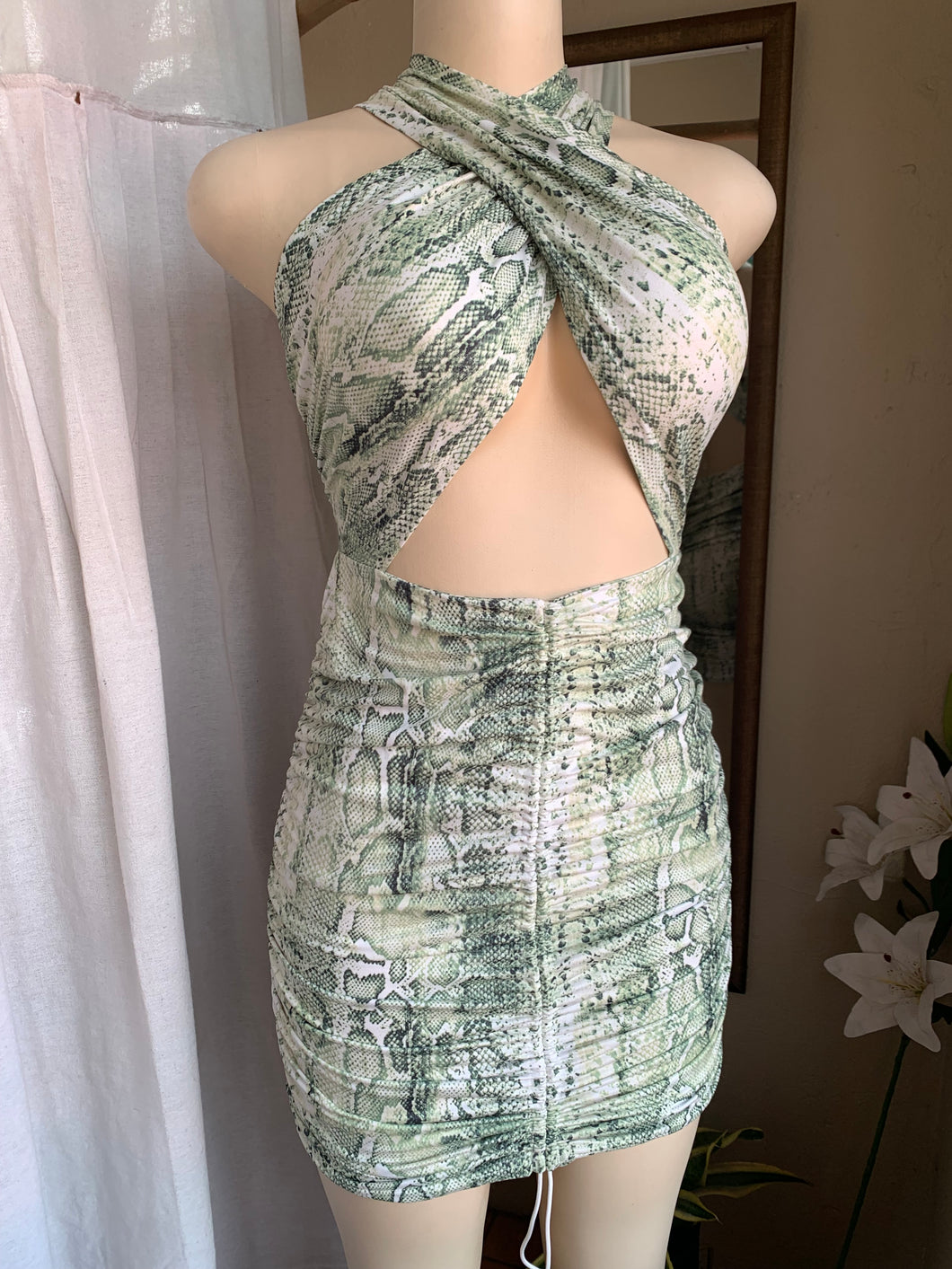 Green snake print tie mini dress says s