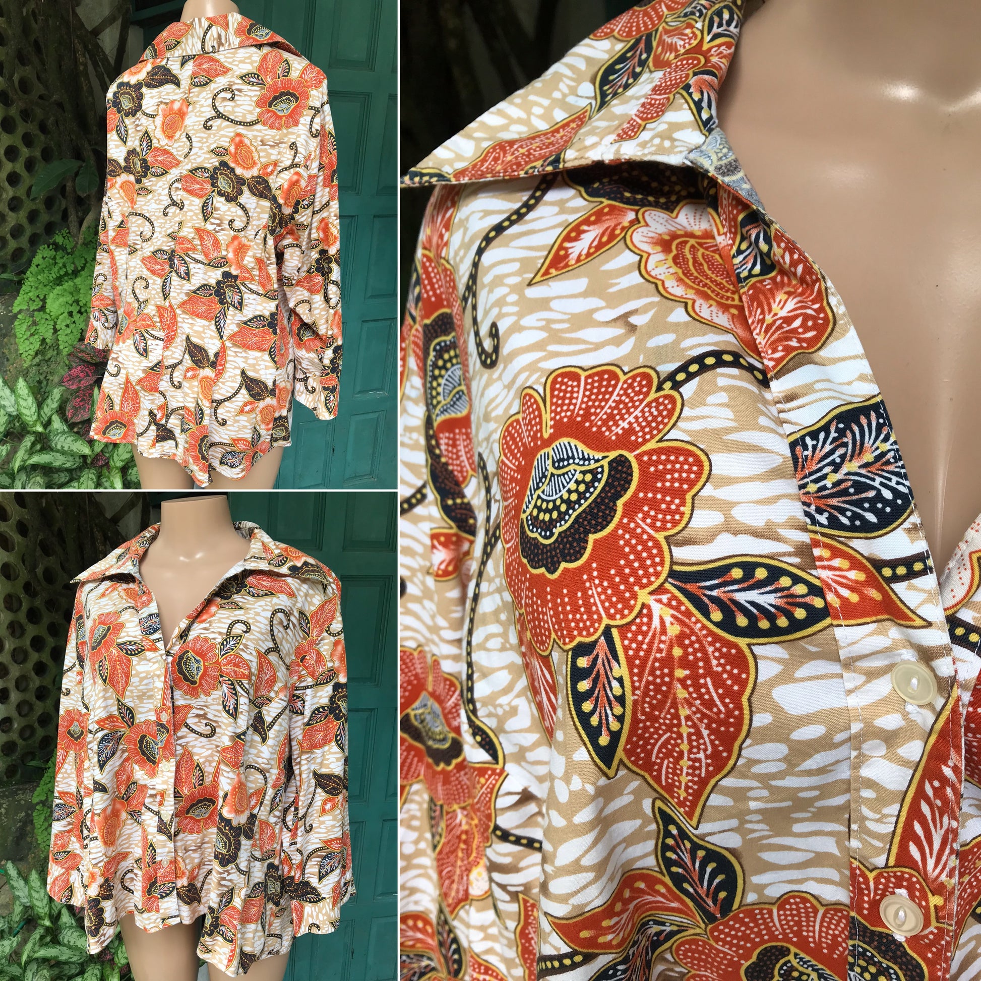 vintage cotton african floral print button shirt... /xl to 2x ,,,