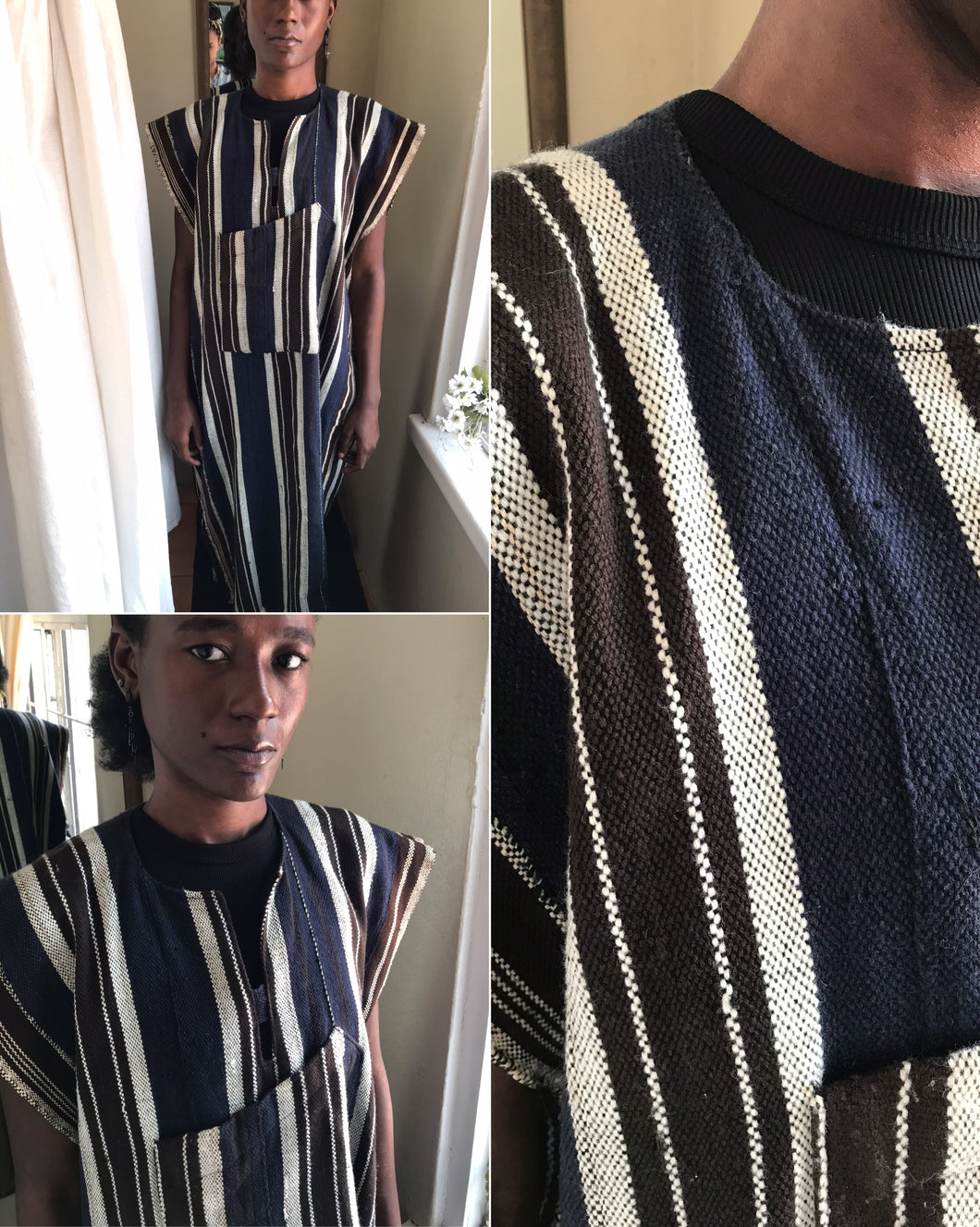 vintage indigenous tunic dress navy stripe ,,, M/L