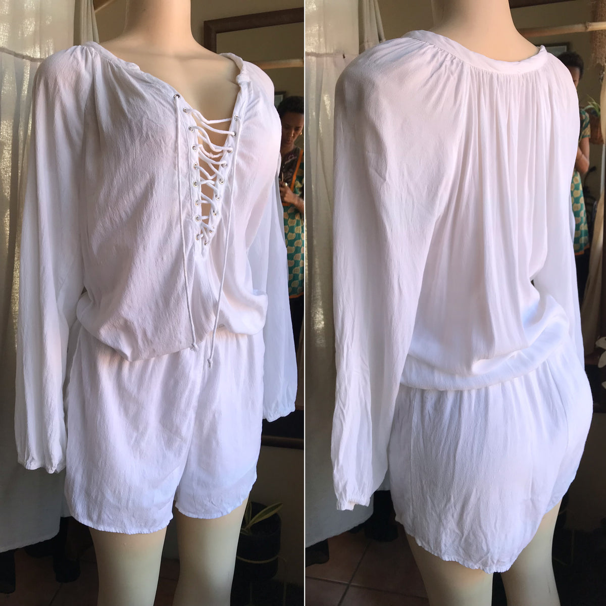 White romper lace up ~~~ M/L