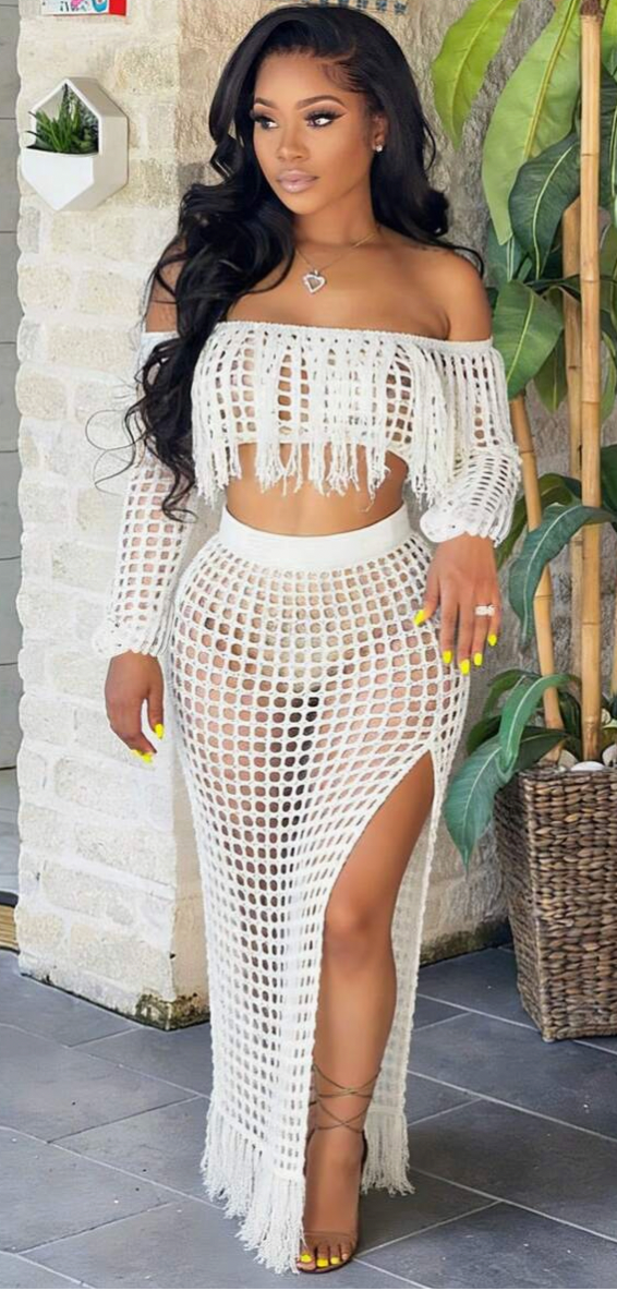 white mesh long tassel skirt set   1 size