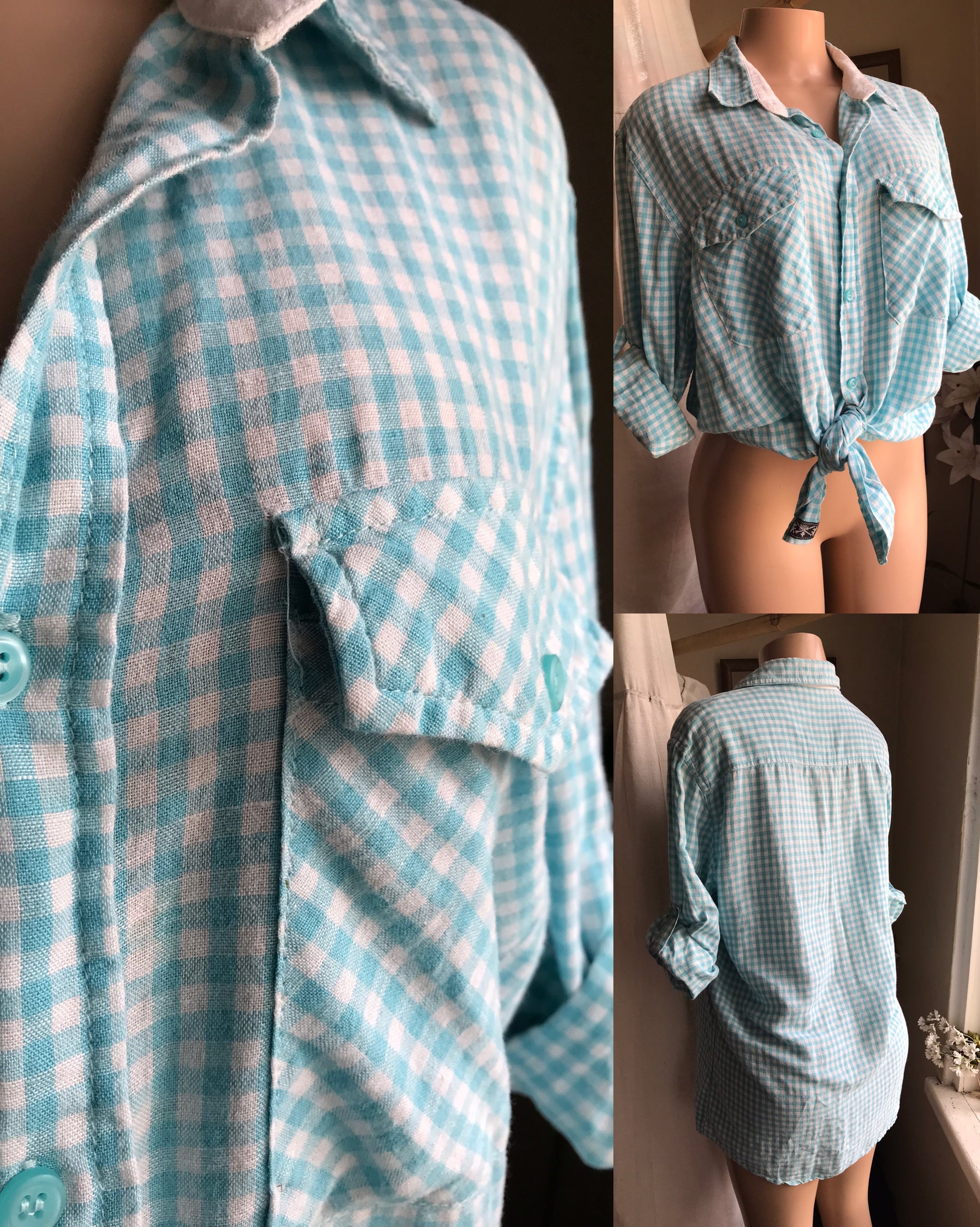 retro linen blend blue plaid button mens shirt...  Large to plus /XL