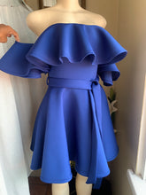 Load image into Gallery viewer, Off the shoulder Royal blue statement dress with belt S/M
