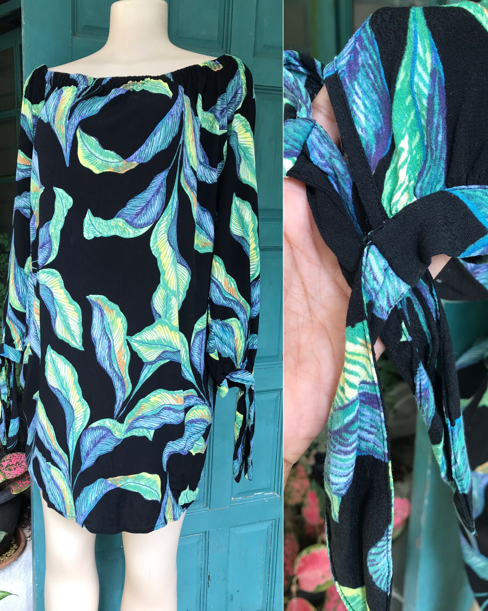 black rayon off the shoulder leaf print dress . /xl