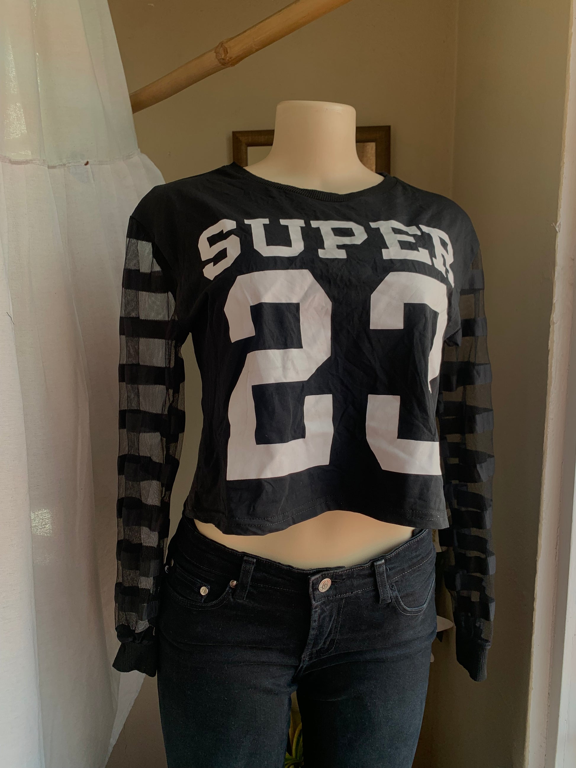 black jersey top sheer sleeves ... s