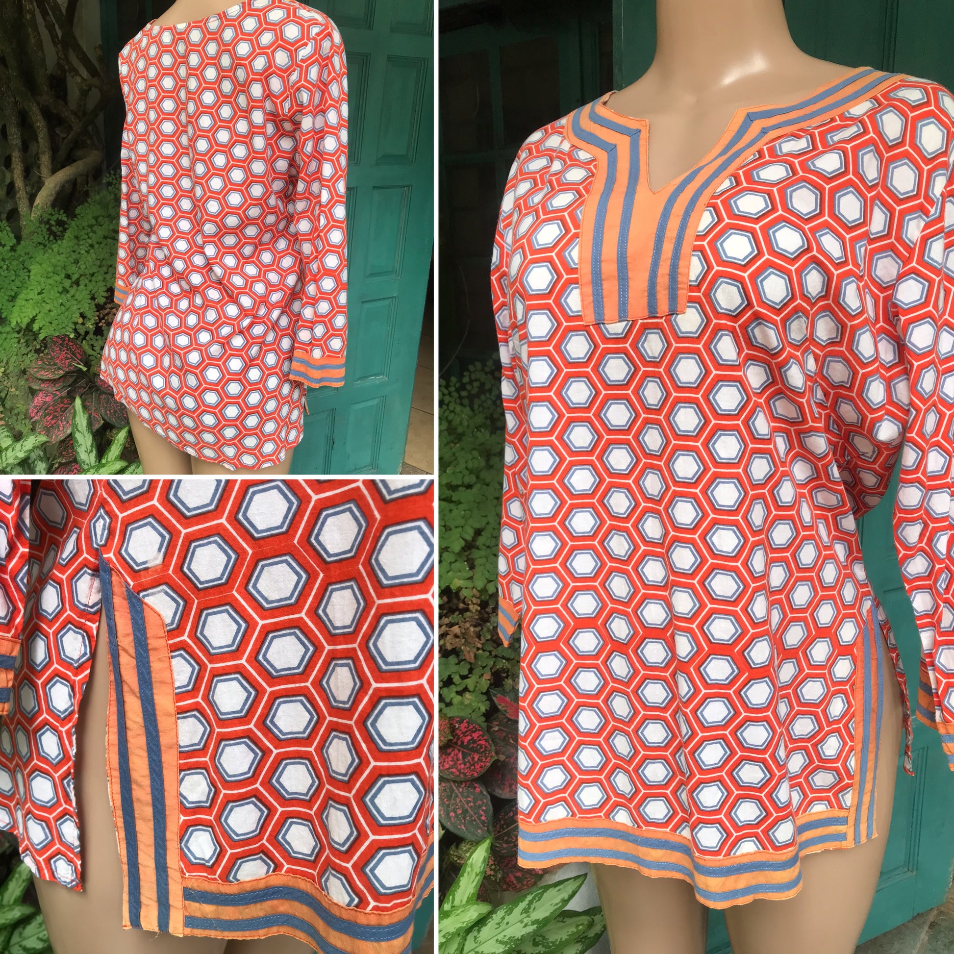 vintage 100% cotton orange hexagon print blouse ,,, M to L