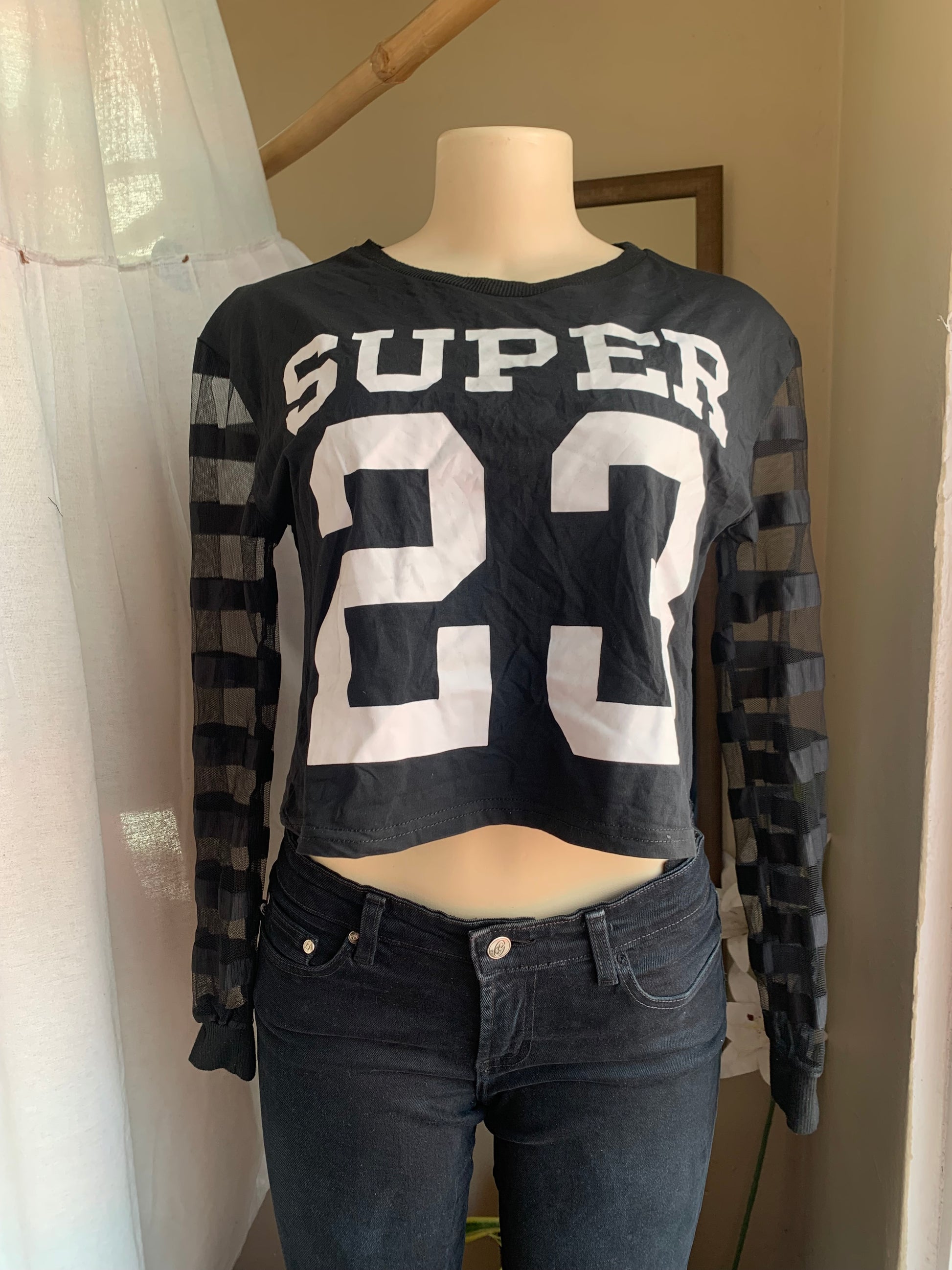 black jersey top sheer sleeves ... s