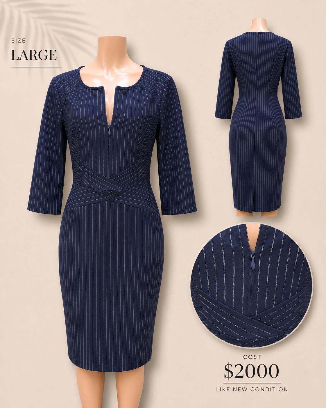 navy stripe professional mid sleeve zip front dress fitted L