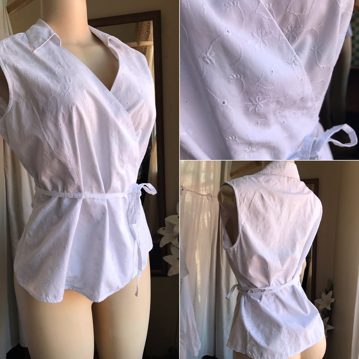 Organic white wrap blouse embroidery eyelet ... L