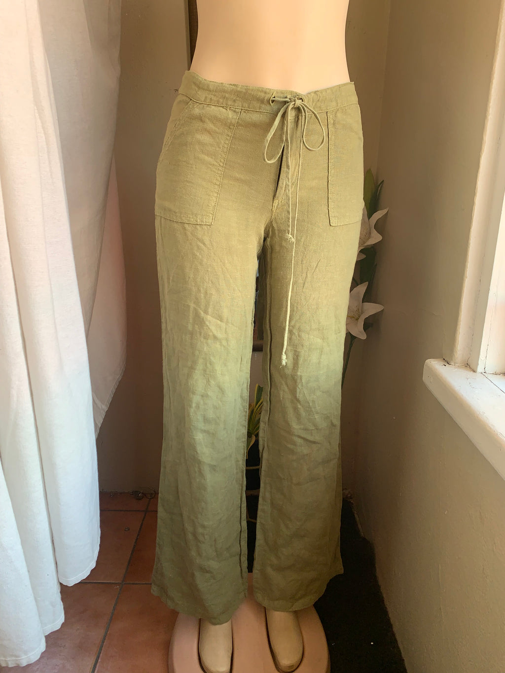 Linen olive green pants ::: s ,,,