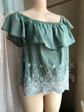 Load image into Gallery viewer, 100% Cotton Dusty green off the shoulder embroidery blouse ... /XL lll ,,,
