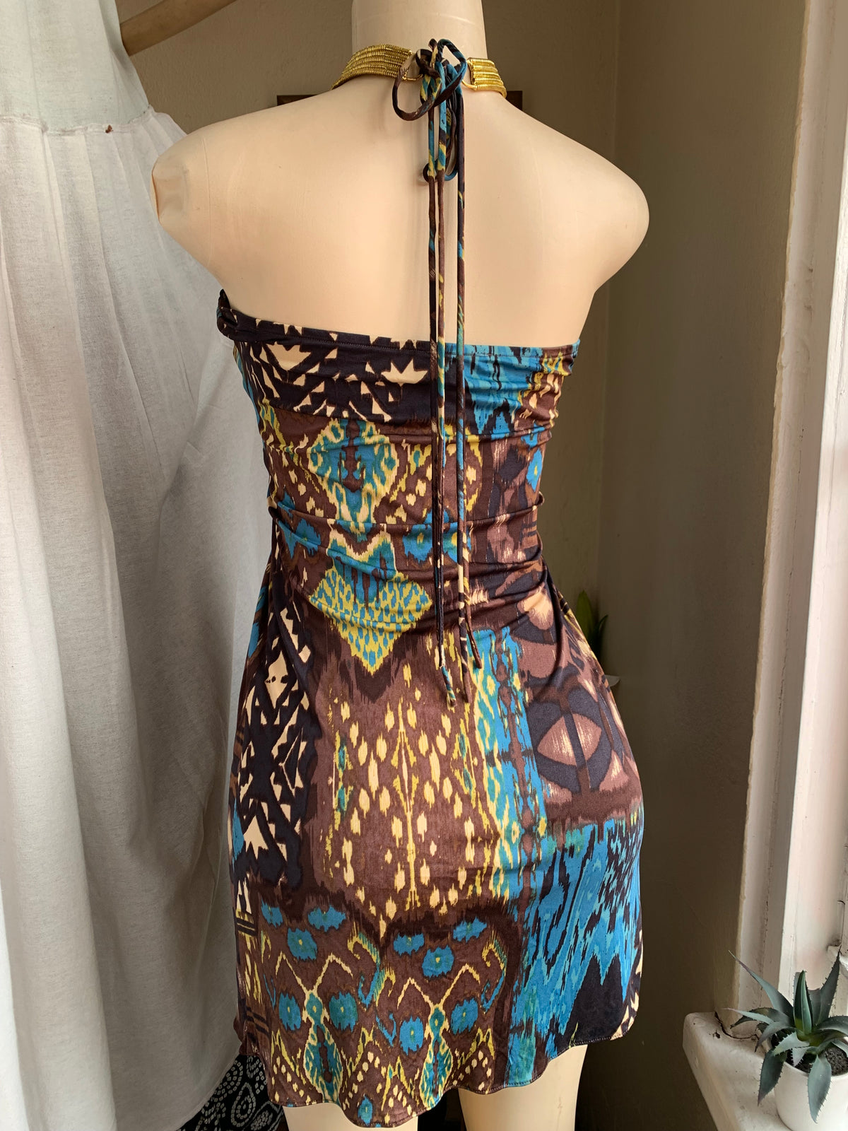 Gold metal detail halter mini dress or top M