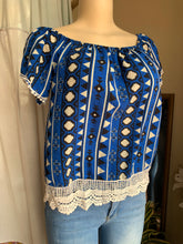 Load image into Gallery viewer, Blue tribal print off the shoulder blouse … s/M
