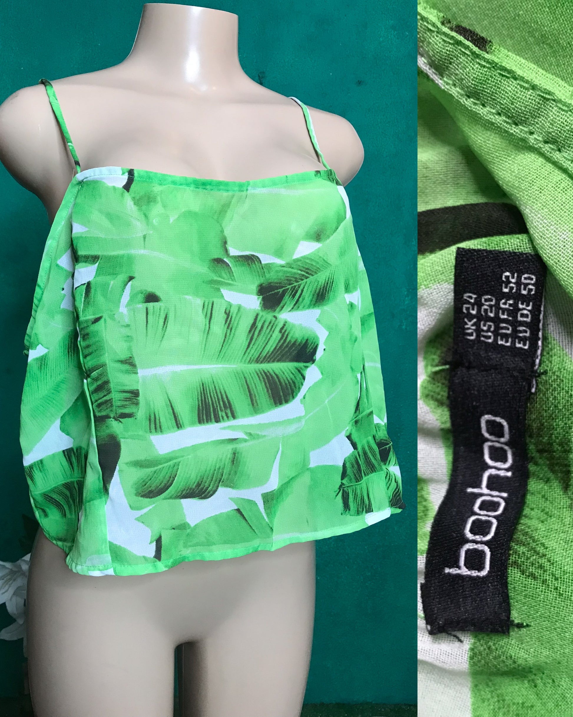 green leaf print spaghetti flounce top sheer ... plus : 2x