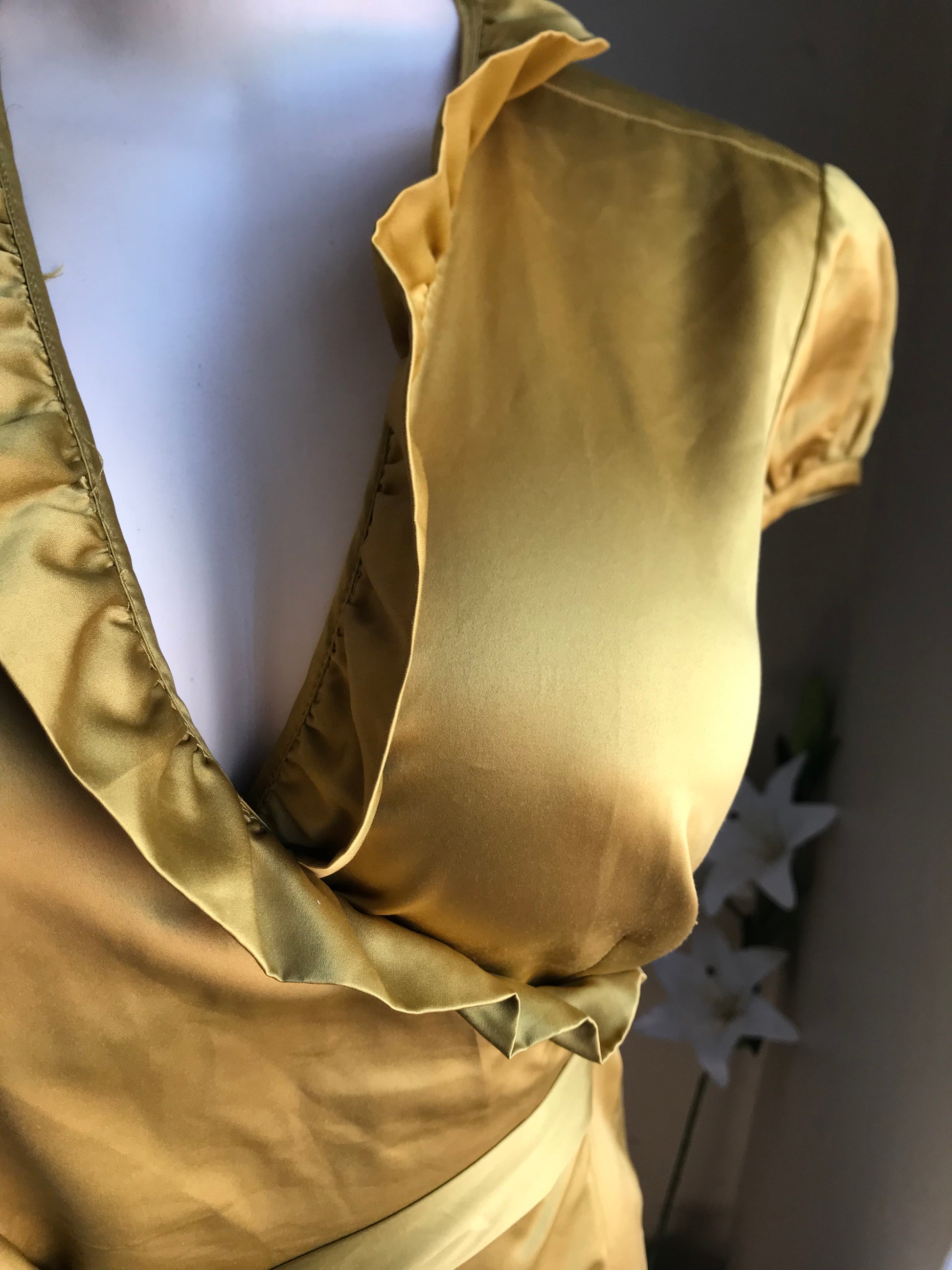 Ann Taylor gold silky professional wrap blouse frill... M