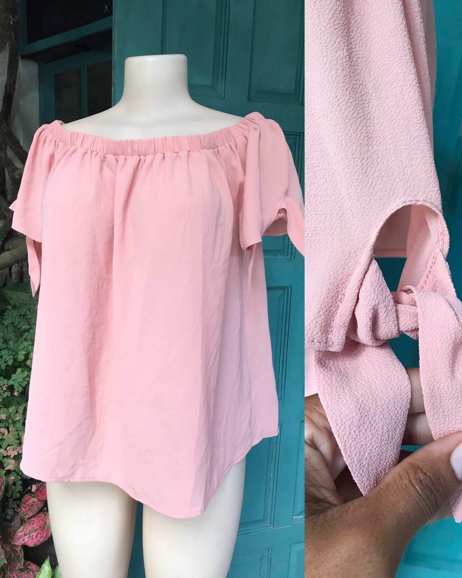 blush pink off the shoulder blouse tied ... m