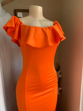 Load image into Gallery viewer, Orange off the shoulder gown (with imperfections that can be washed) M
