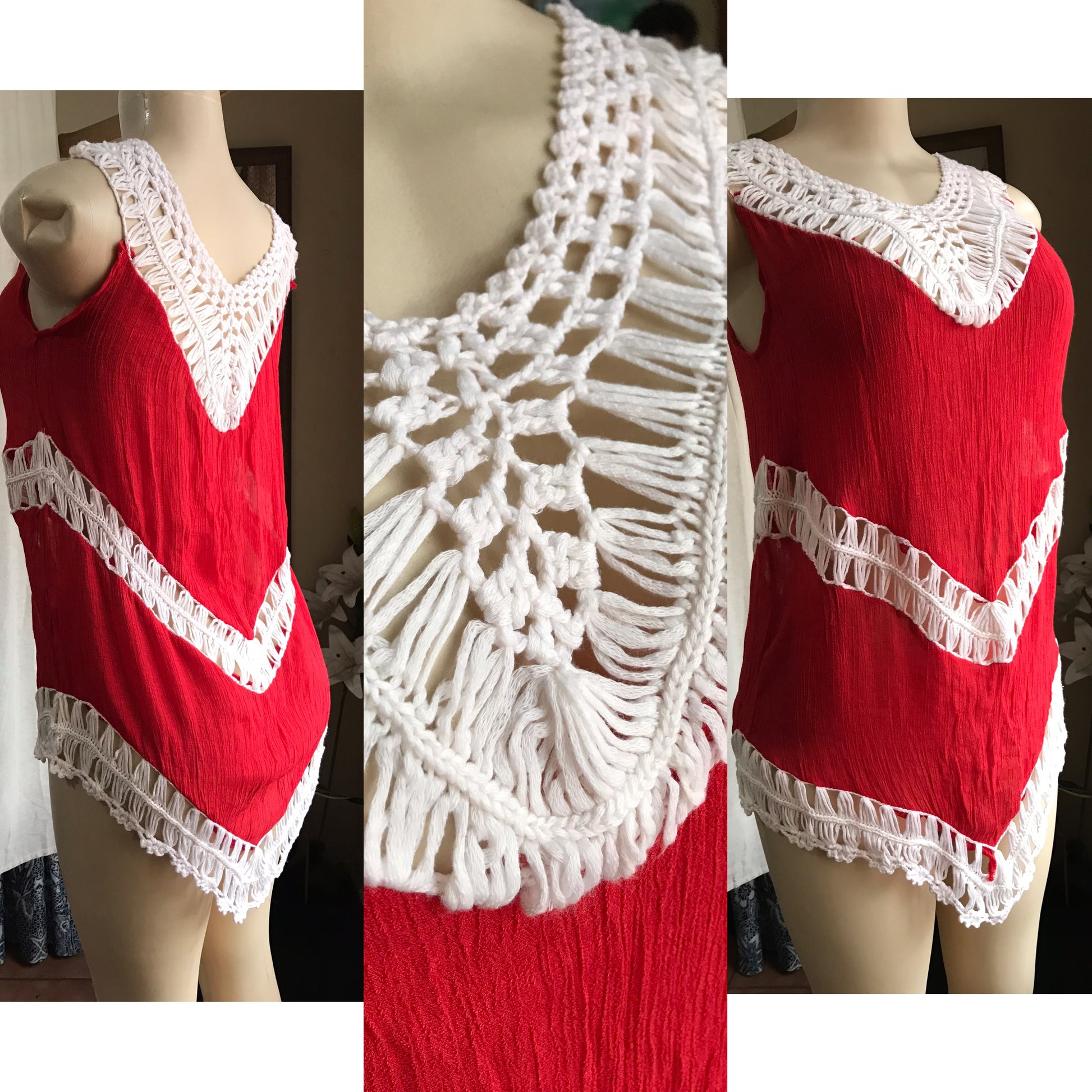 red 100% cotton crochet dets crinkle blouse sleeveless ... one size ,,,