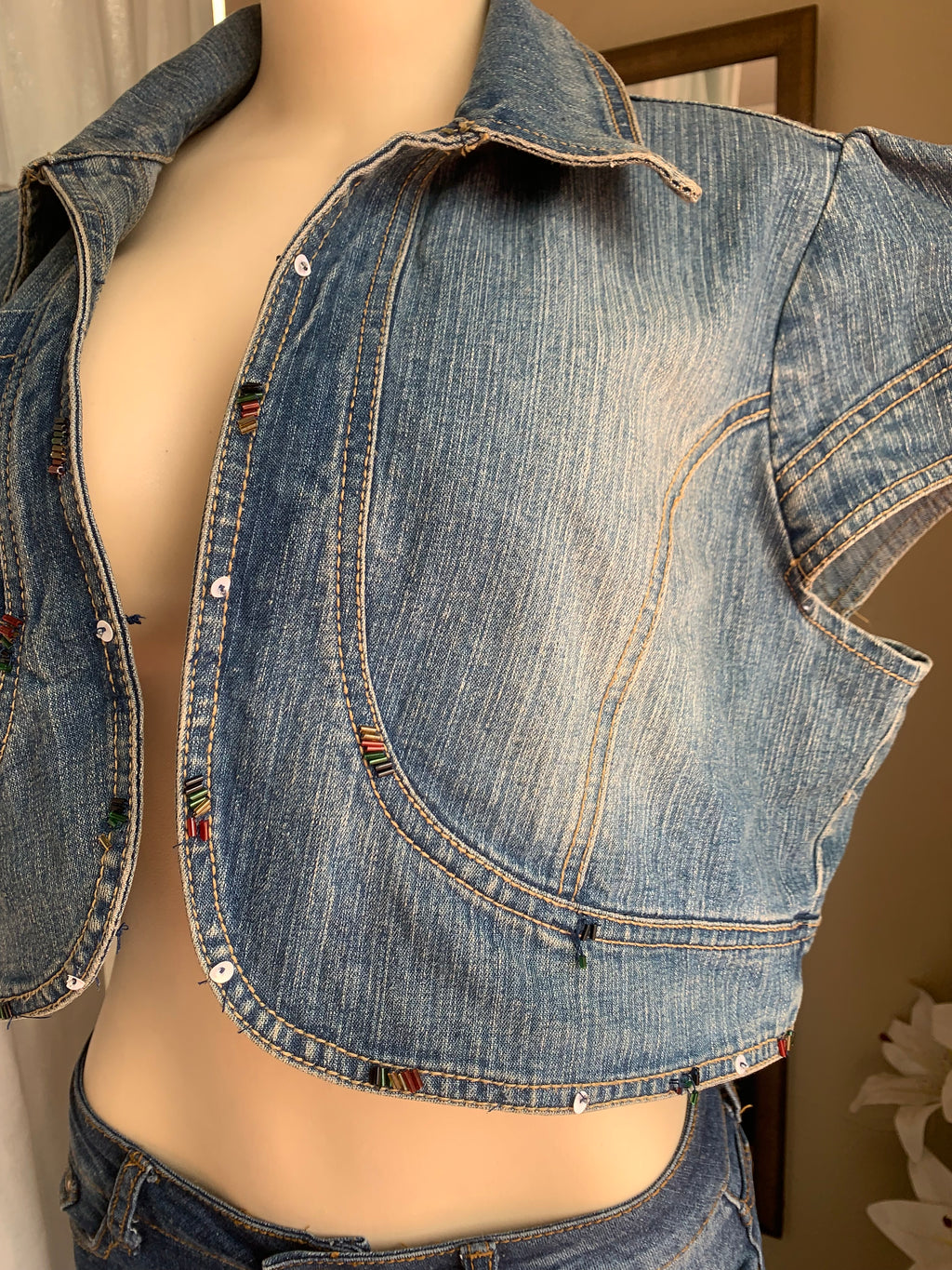Denim short sleeve topper piece with beading details 2x >>>