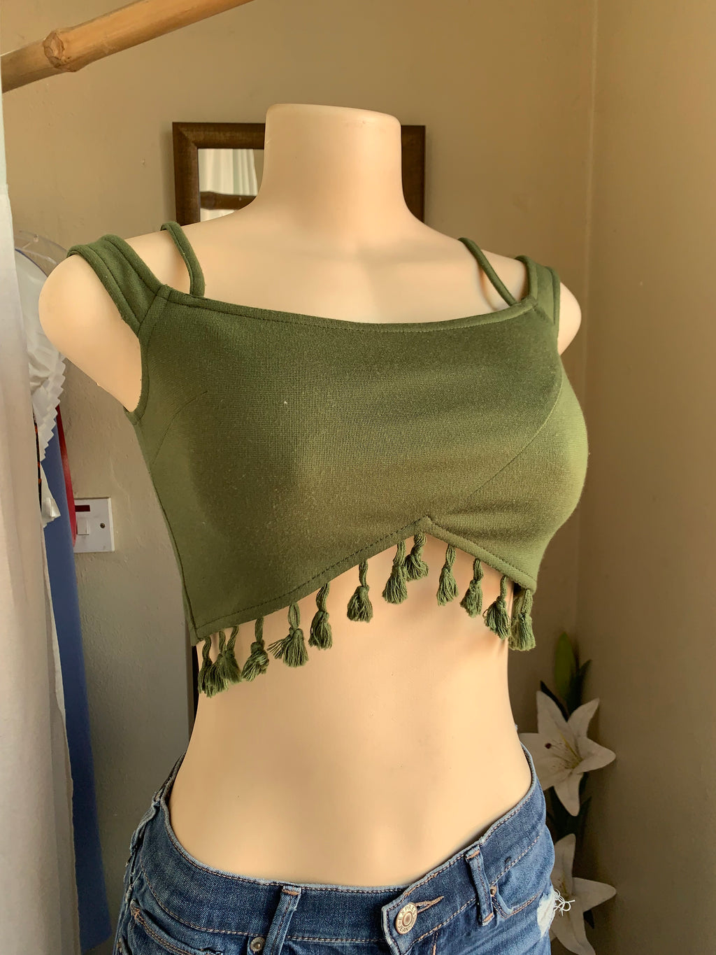 Olive green crop top with tassels detailing … s
