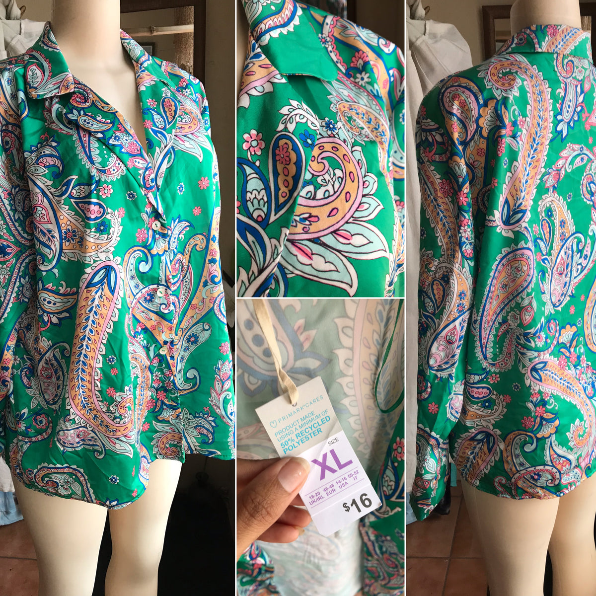 Green silky print button shirt /XL