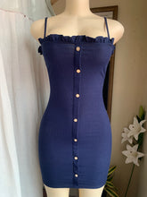 Load image into Gallery viewer, Navy blue body con mini dress with wooden buttons s with stretch
