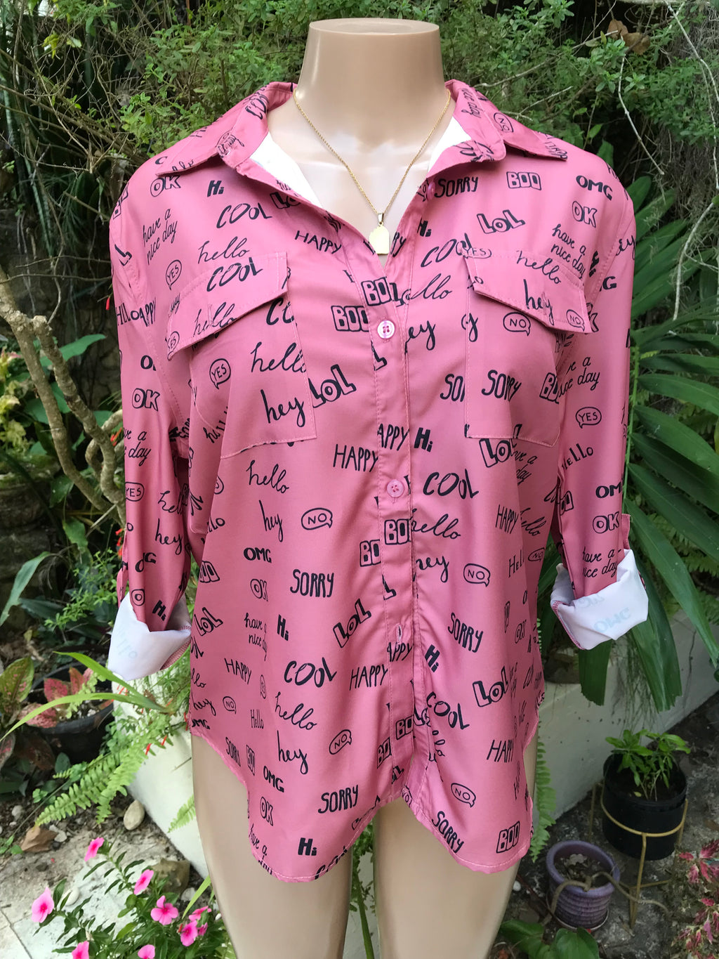 New Blush Speech Graphic Button Shirt ... Large