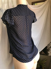 Load image into Gallery viewer, navy sheer polka button short sleeve professional blouse ... s
