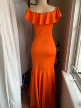 Load image into Gallery viewer, Orange off the shoulder gown (with imperfections that can be washed) M
