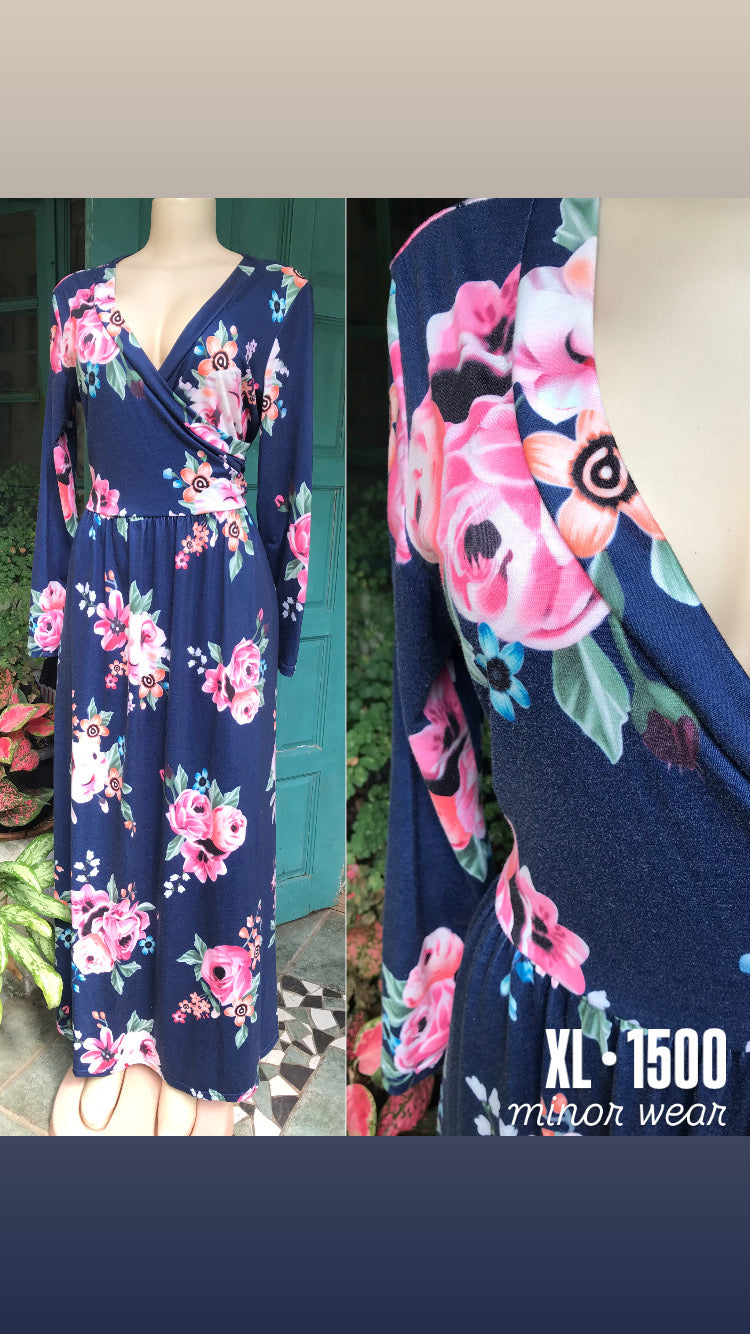 navy floral maxi dress long sleeve /xl