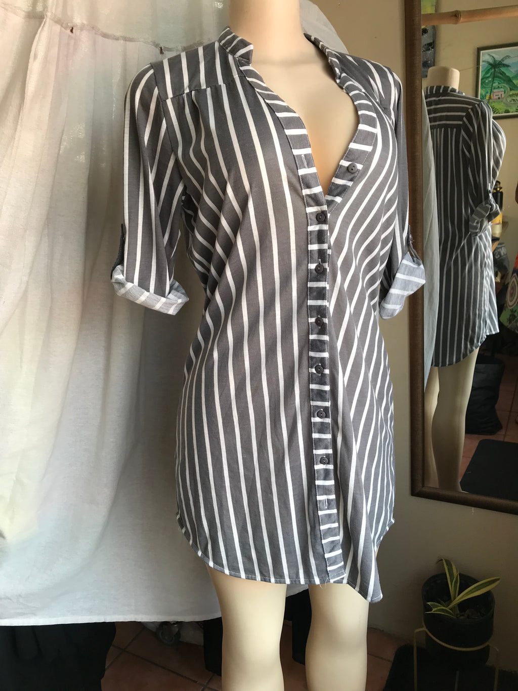 soft grey stripe shirt dress L