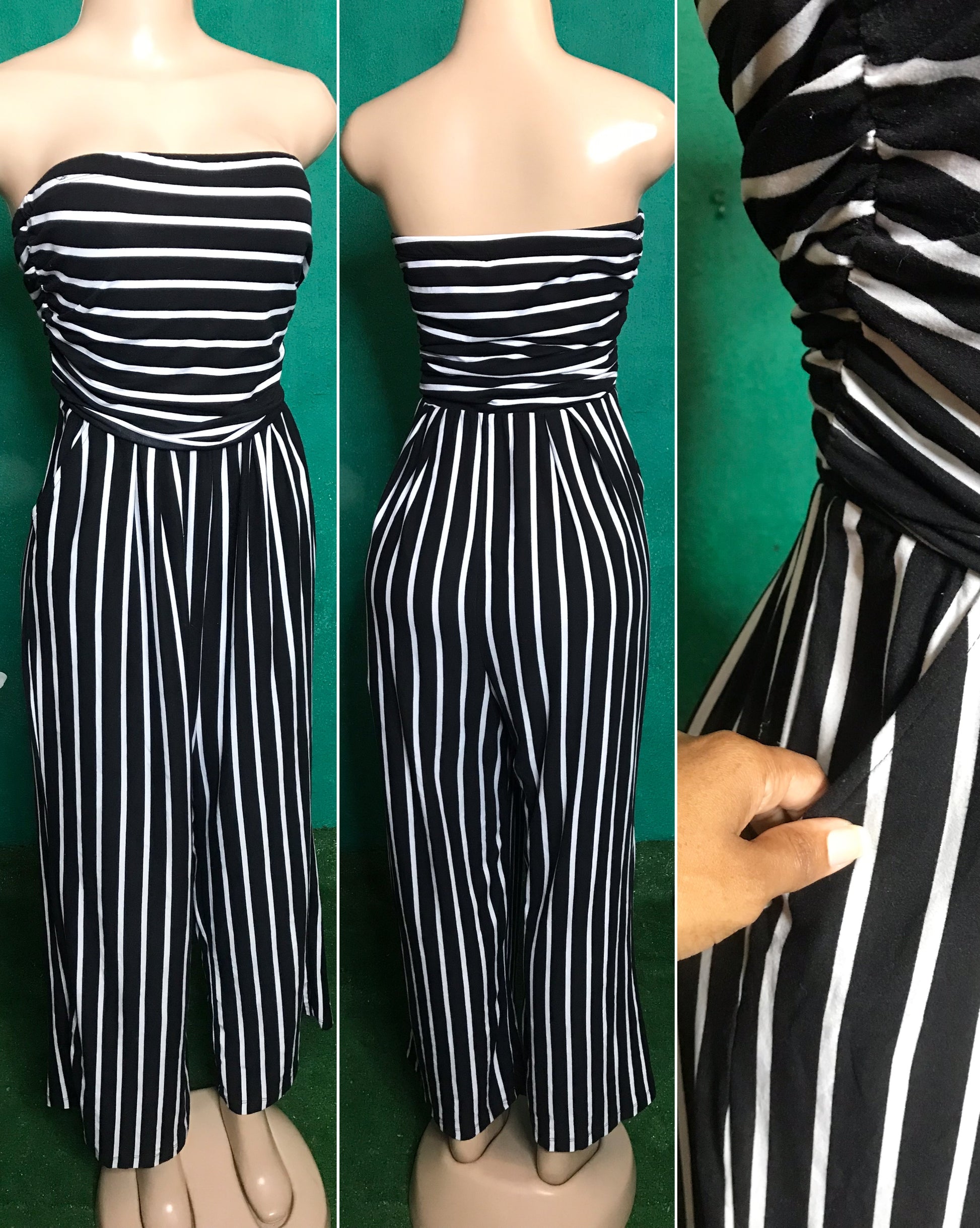black stripe strapless soft jumpsuit with pockets ~~~ large