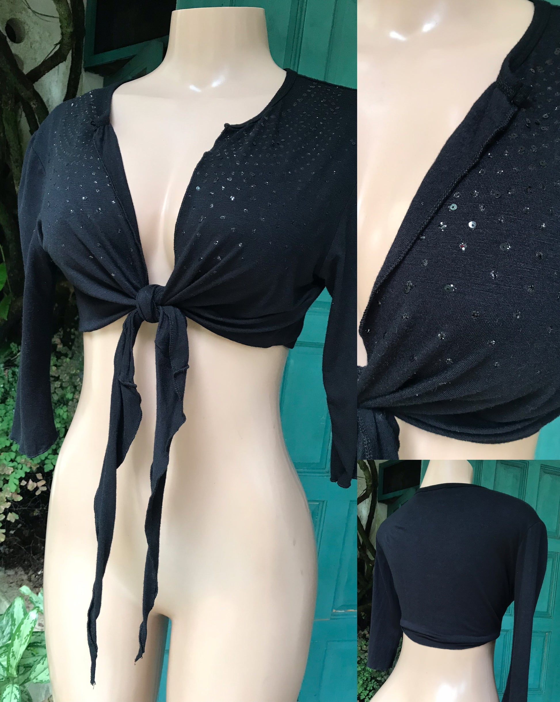 Vintage Y2K black sequin crop top tied ... M/Large