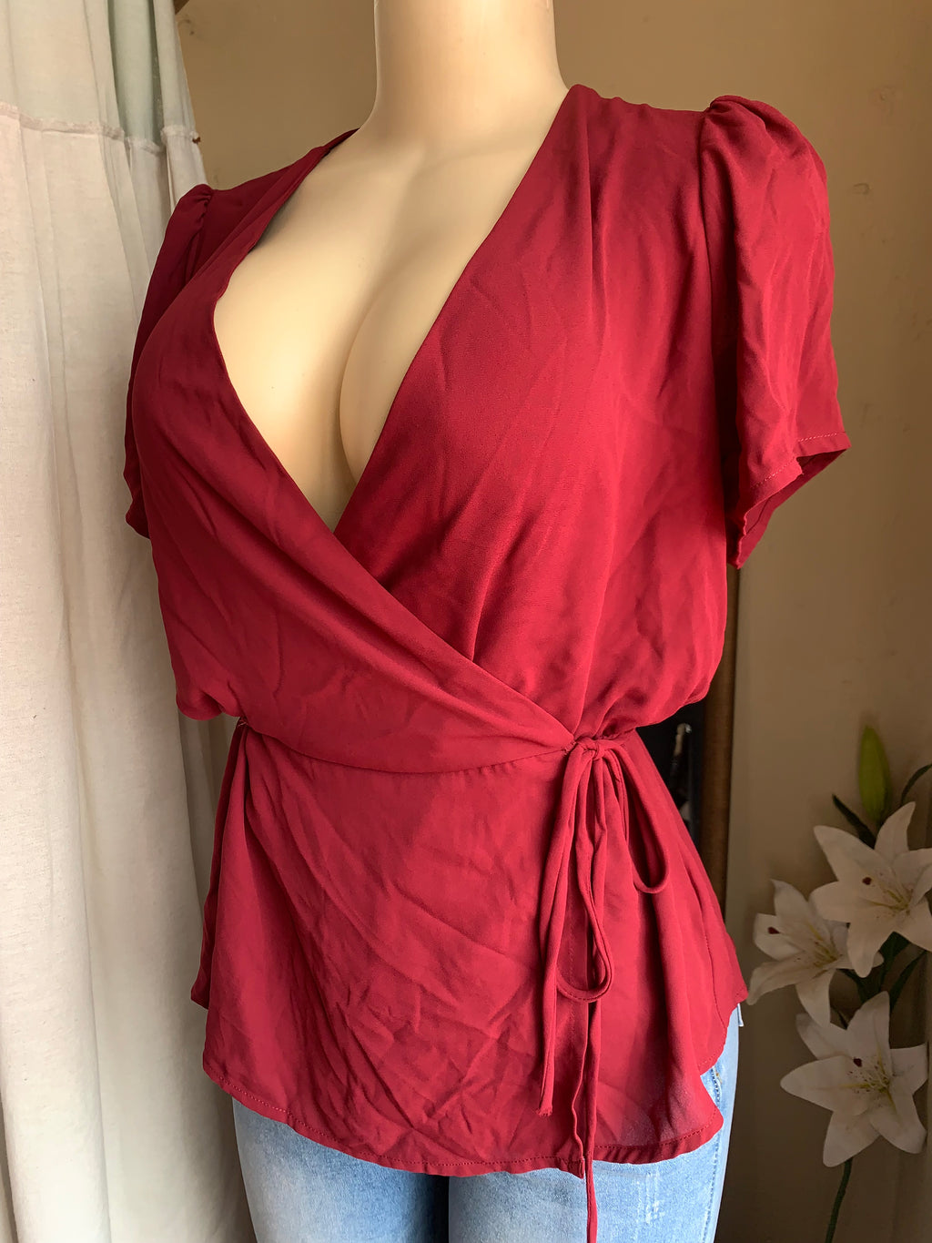 Burgundy red wrap tie blouse … L